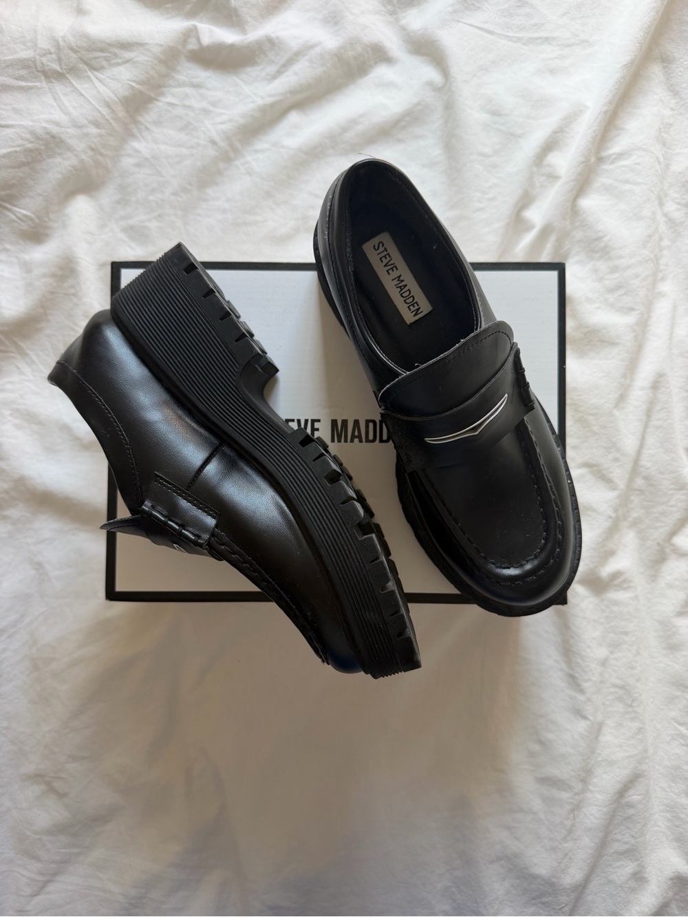 Steve Madden Women’s Black Faux Leather Lug Sole Loafers